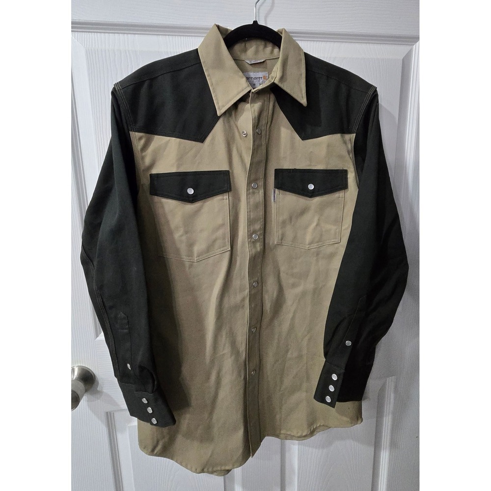 Carhartt Mens Relaxed Fit Western Snap Button Shirt Two Tone Tan Black Medium